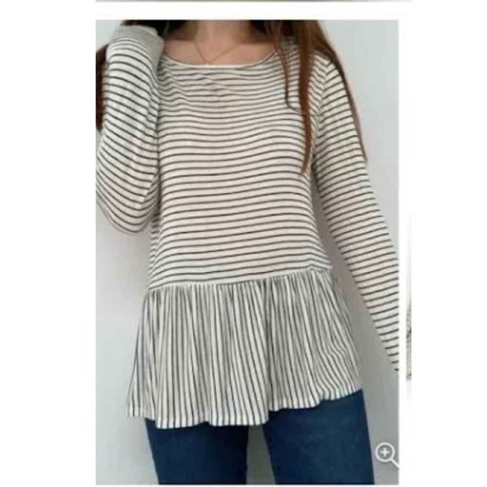 GINGER G Med‎ Black White Striped Peplum Tee Top Rayon Jersey Long Sleeve